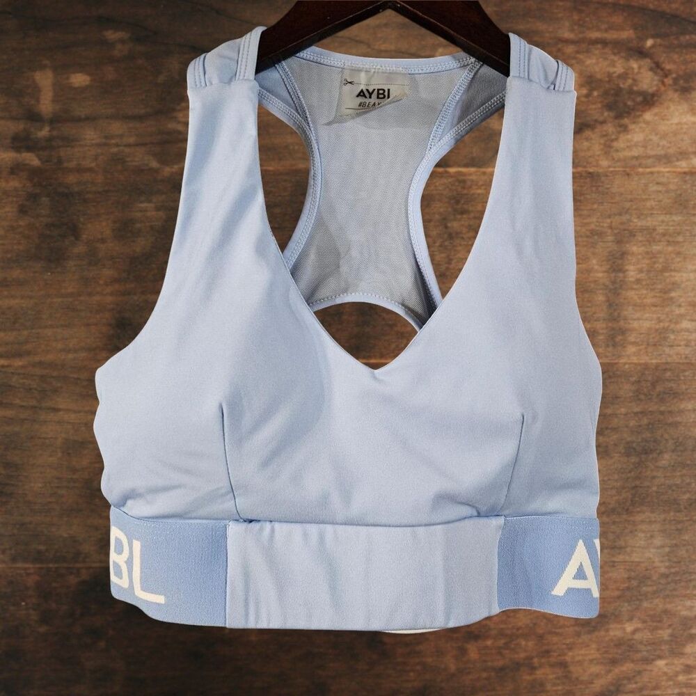 AYBL Training Sports Bra Womens Med Light Blue Racerback Mesh Logo Band Padded